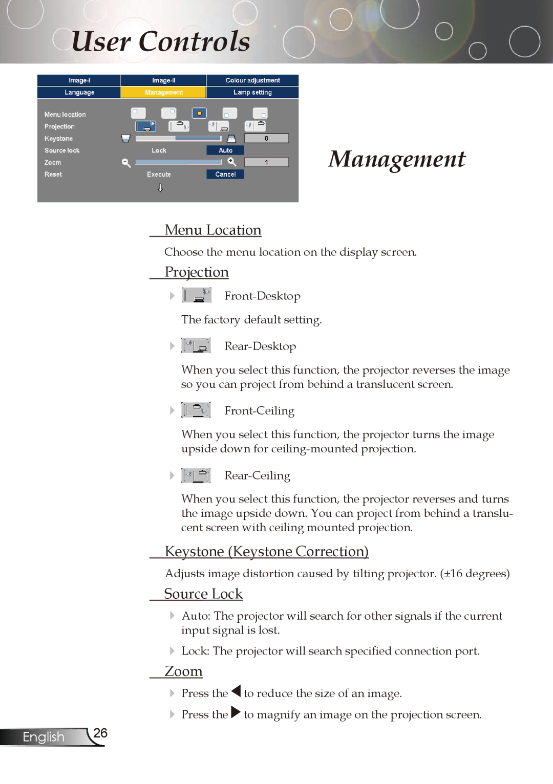 Optoma Technology TX773 manual Menu Location, Projection, Keystone Keystone Correction, Source Lock, Zoom 