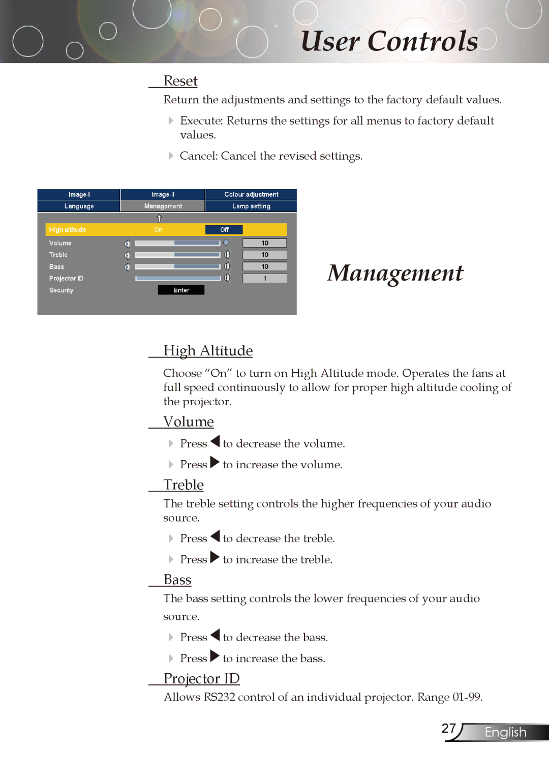 Optoma Technology TX773 manual Reset, High Altitude, Volume, Treble, Bass, Projector ID 