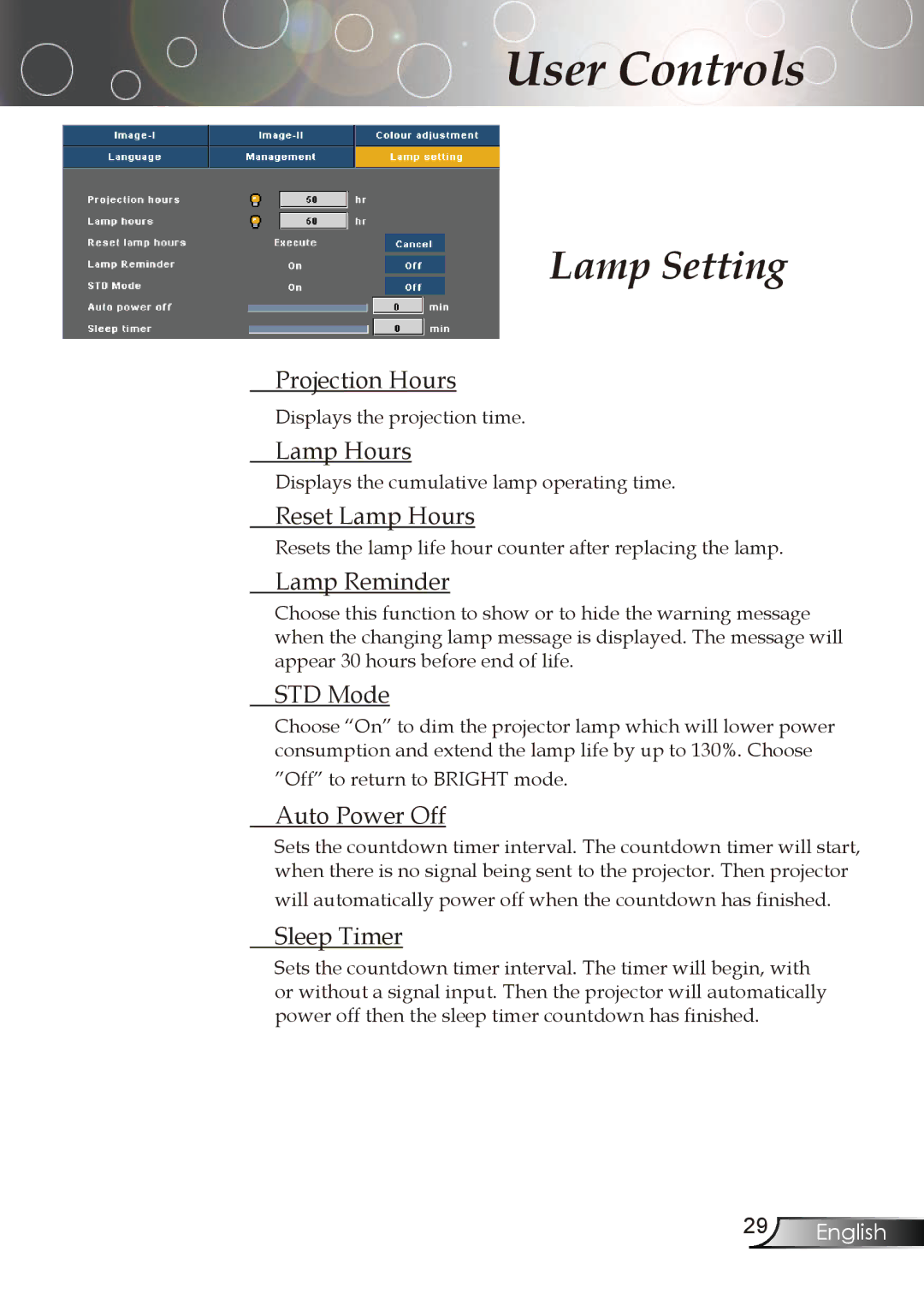 Optoma Technology TX773 manual Projection Hours, Reset Lamp Hours, Lamp Reminder, STD Mode, Auto Power Off, Sleep Timer 