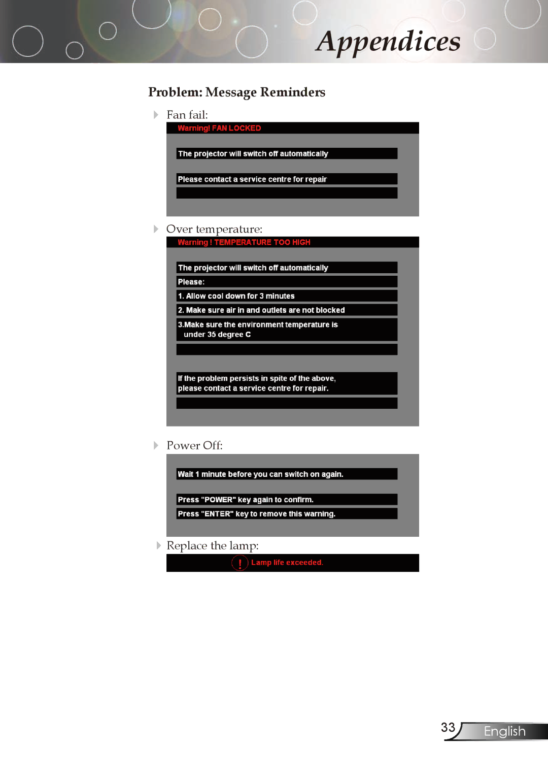 Optoma Technology TX773 manual Problem Message Reminders 