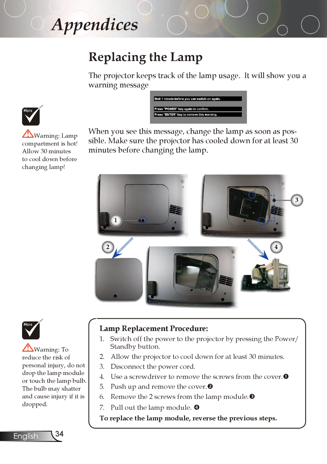 Optoma Technology TX773 manual Replacing the Lamp, Lamp Replacement Procedure 