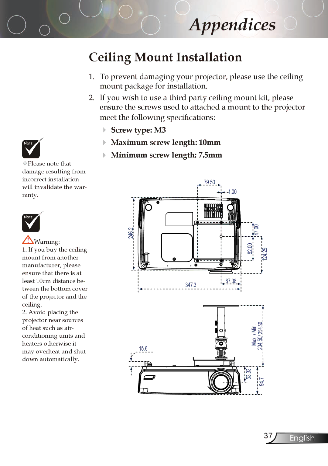 Optoma Technology TX773 manual Ceiling Mount Installation 