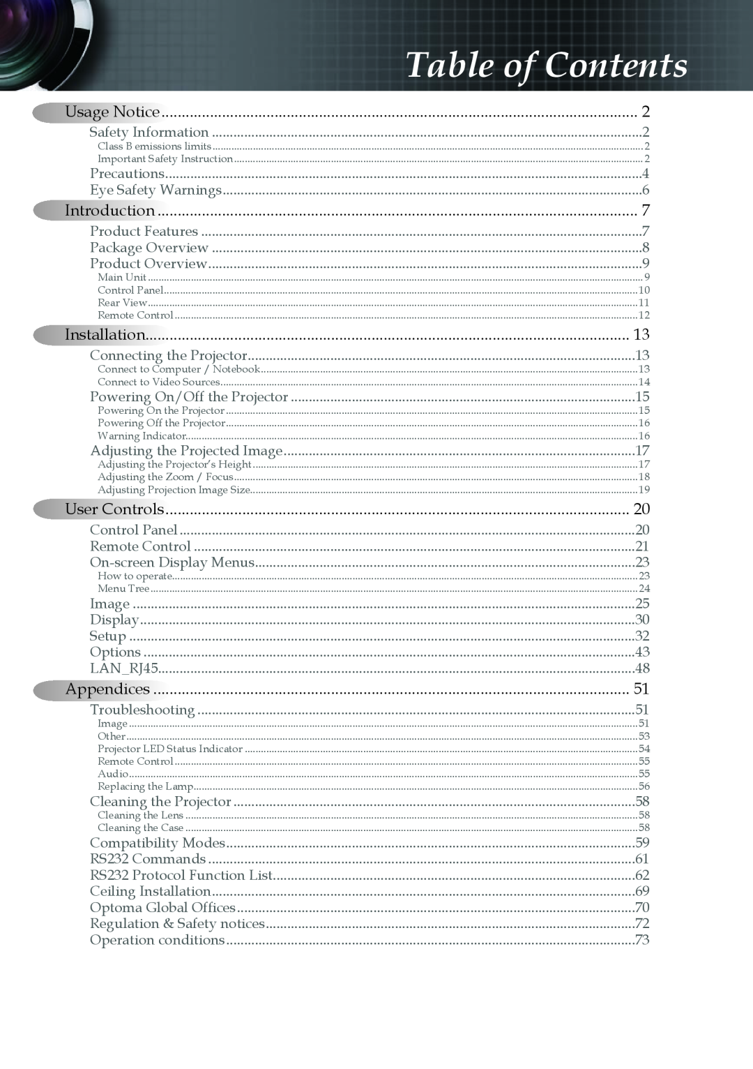 Optoma Technology TX779P3D manual Table of Contents 