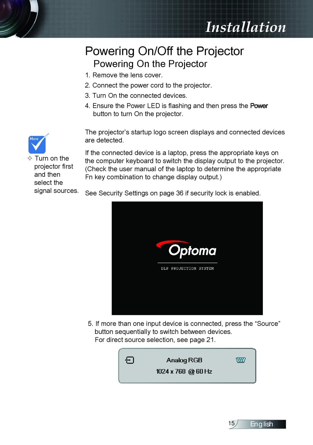 Optoma Technology TX779P3D manual Powering On/Off the Projector, Powering On the Projector, Installation, English 