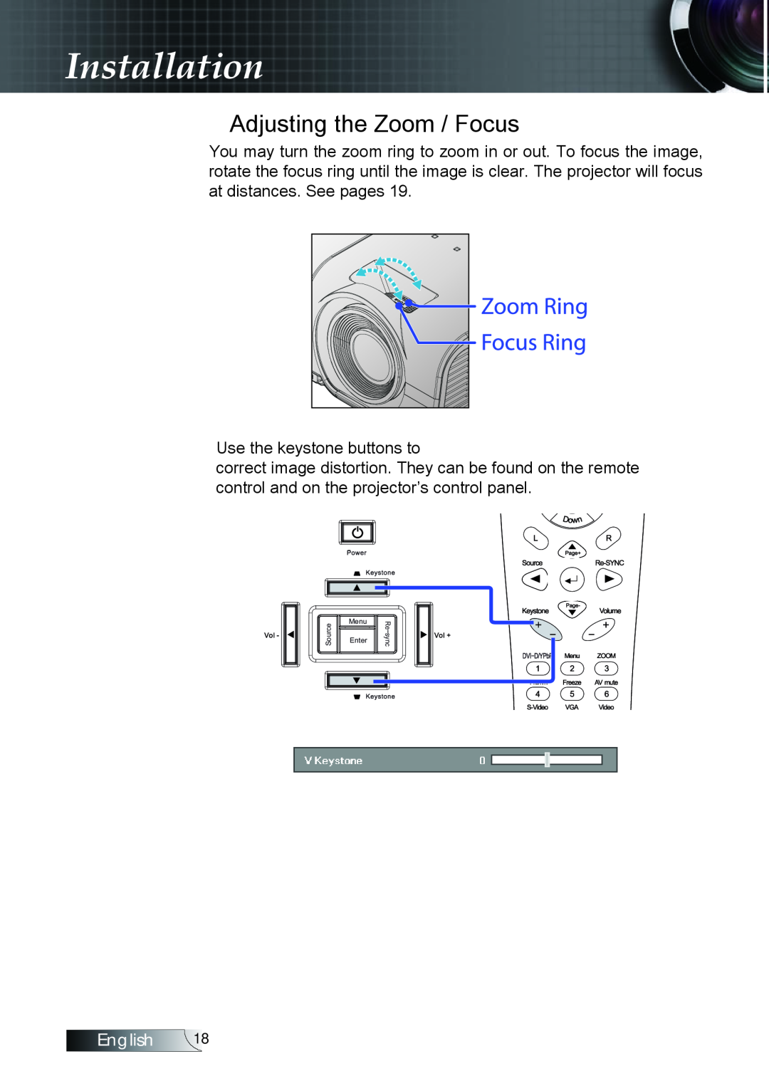 Optoma Technology TX779P3D manual Adjusting the Zoom / Focus, Installation, English 