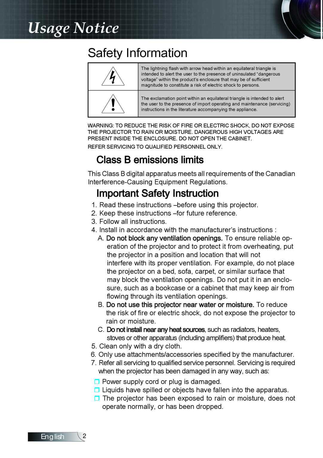 Optoma Technology TX779P3D manual Usage Notice, Safety Information, Class B emissions limits, Important Safety Instruction 