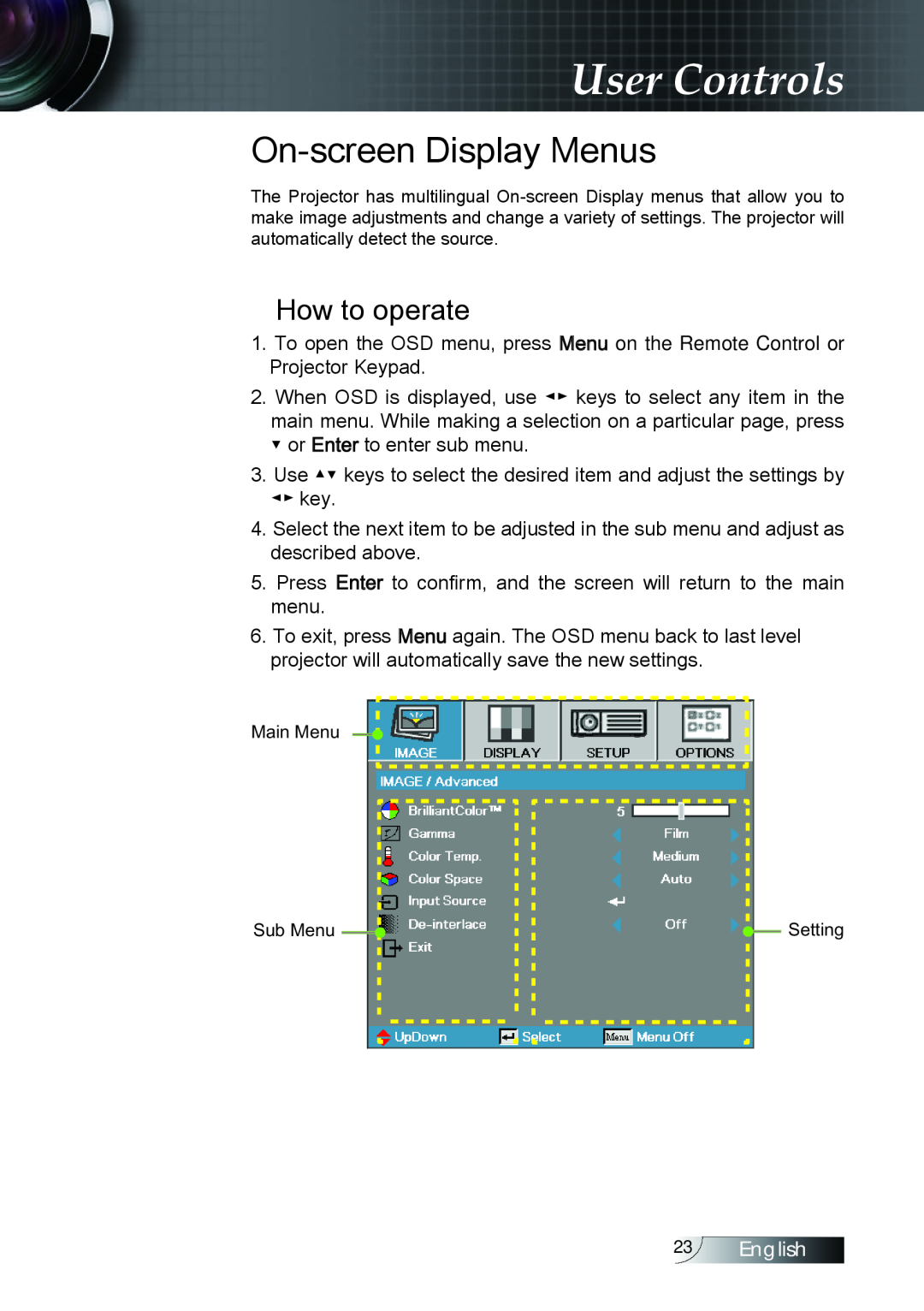 Optoma Technology TX779P3D manual On-screen Display Menus, How to operate, User Controls, English 