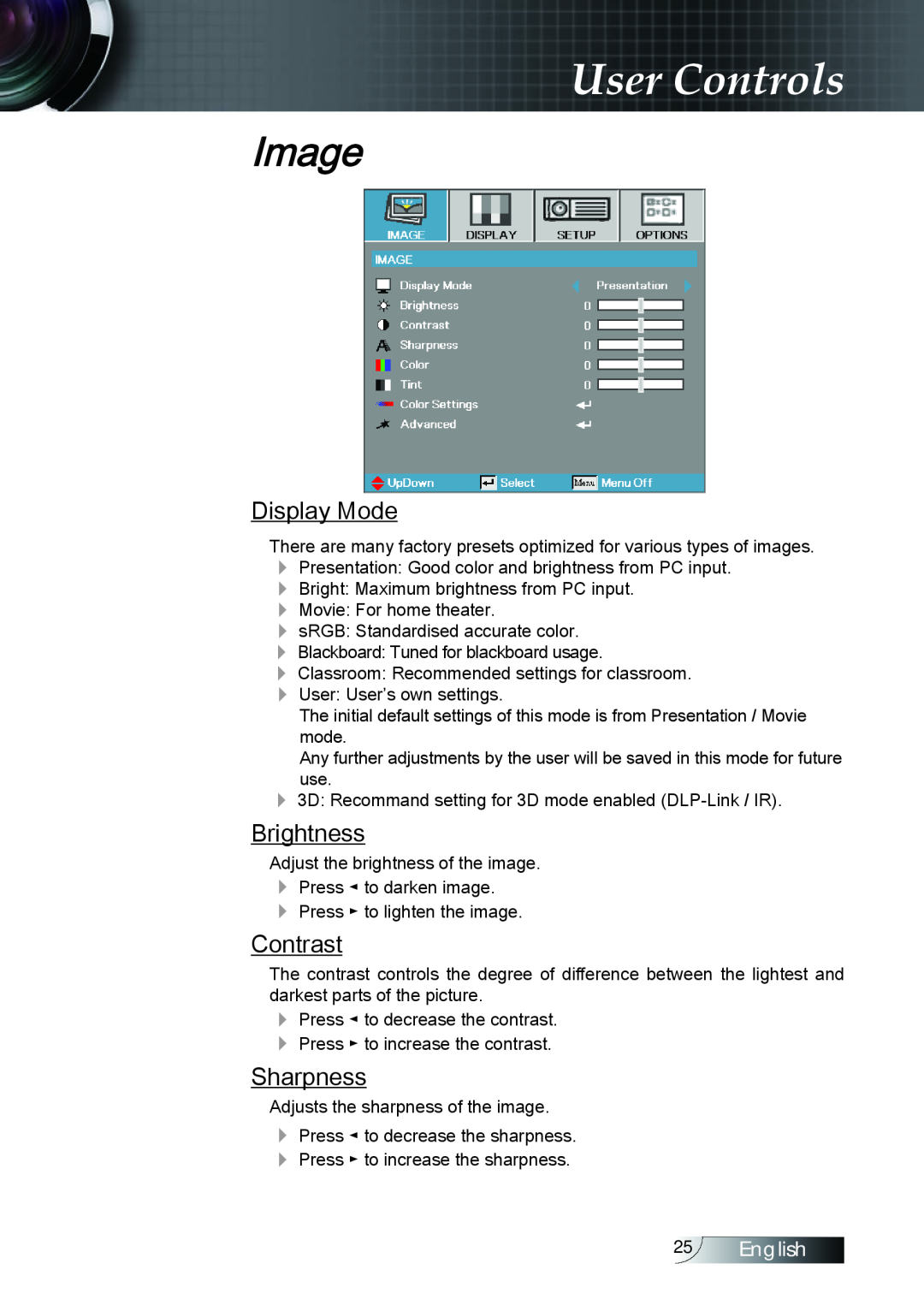 Optoma Technology TX779P3D manual Image, Display Mode, Brightness, Contrast, Sharpness, User Controls, English 