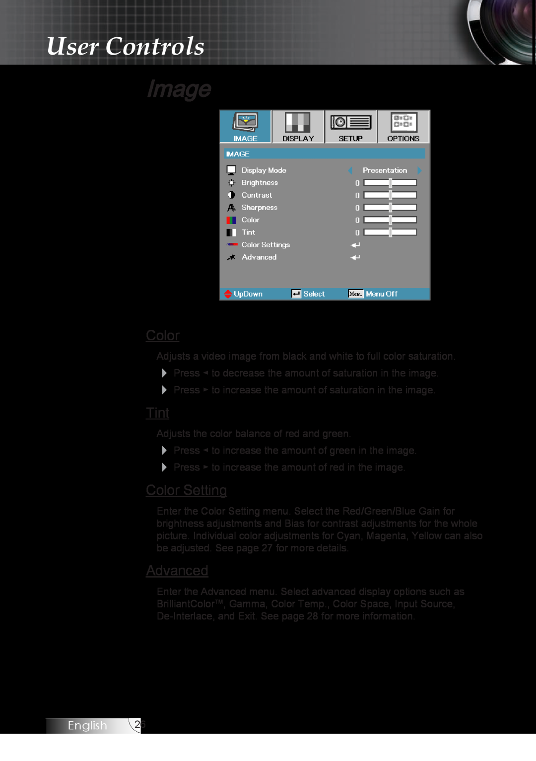 Optoma Technology TX779P3D manual User Controls, Image, Tint, Color Setting, Advanced, English 