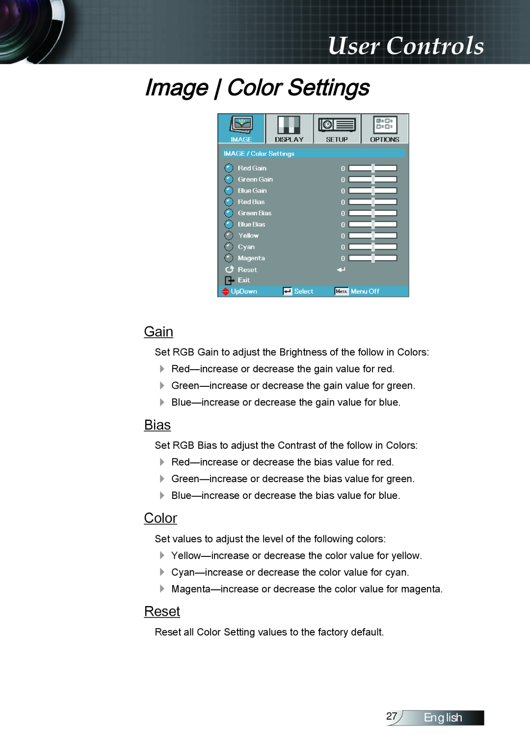 Optoma Technology TX779P3D manual Image Color Settings, Gain, Bias, Reset, User Controls, English 