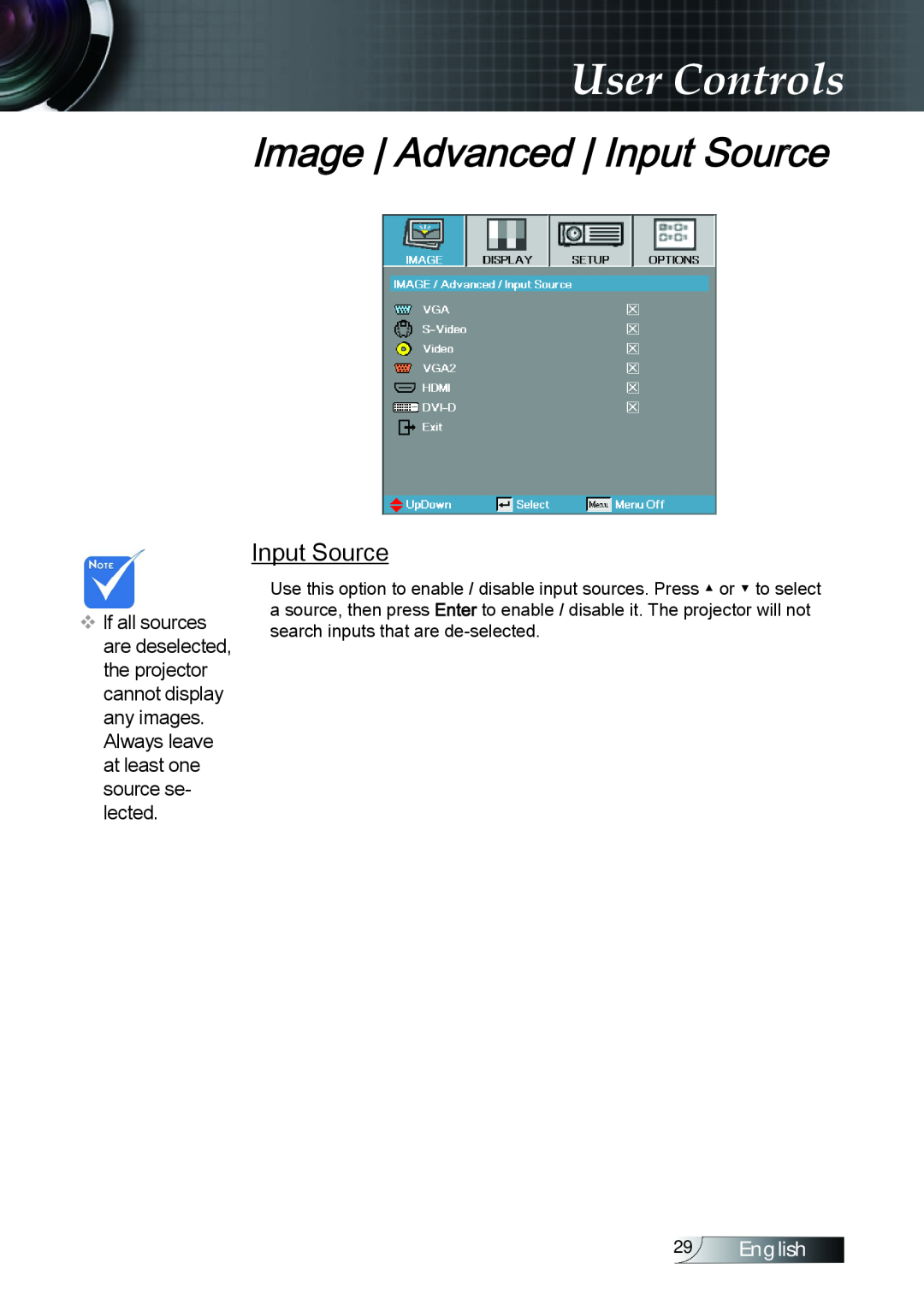 Optoma Technology TX779P3D manual Image Advanced Input Source, User Controls, English 