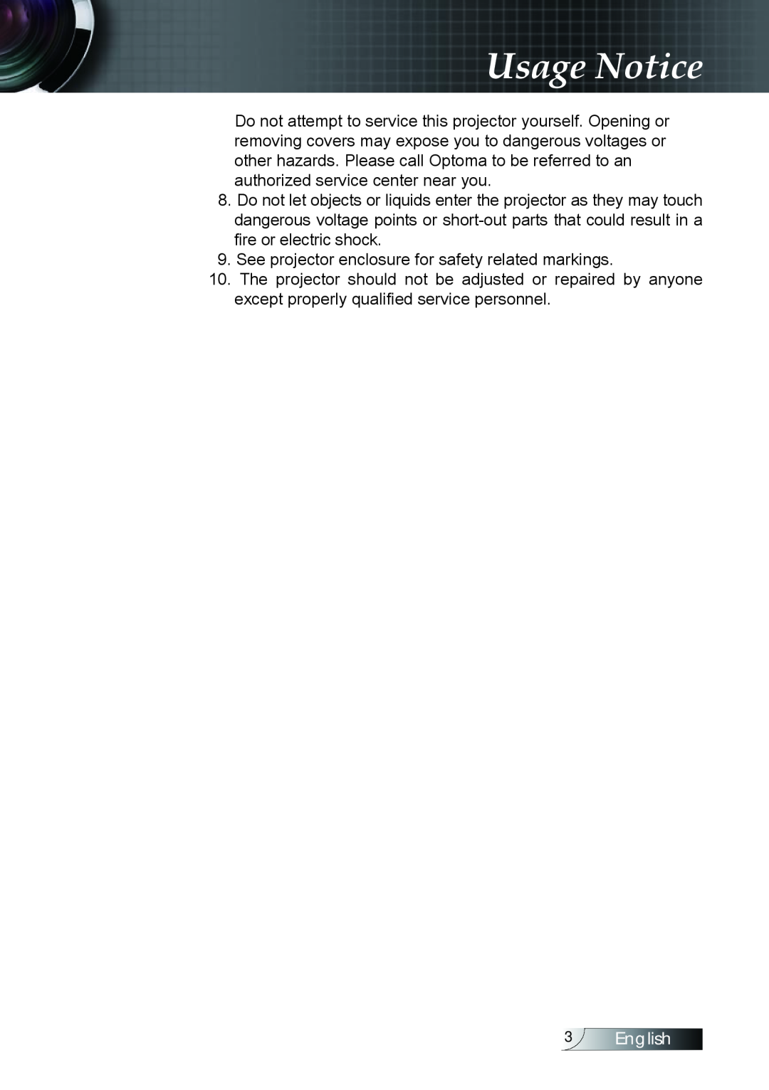 Optoma Technology TX779P3D manual Usage Notice, See projector enclosure for safety related markings,  English 