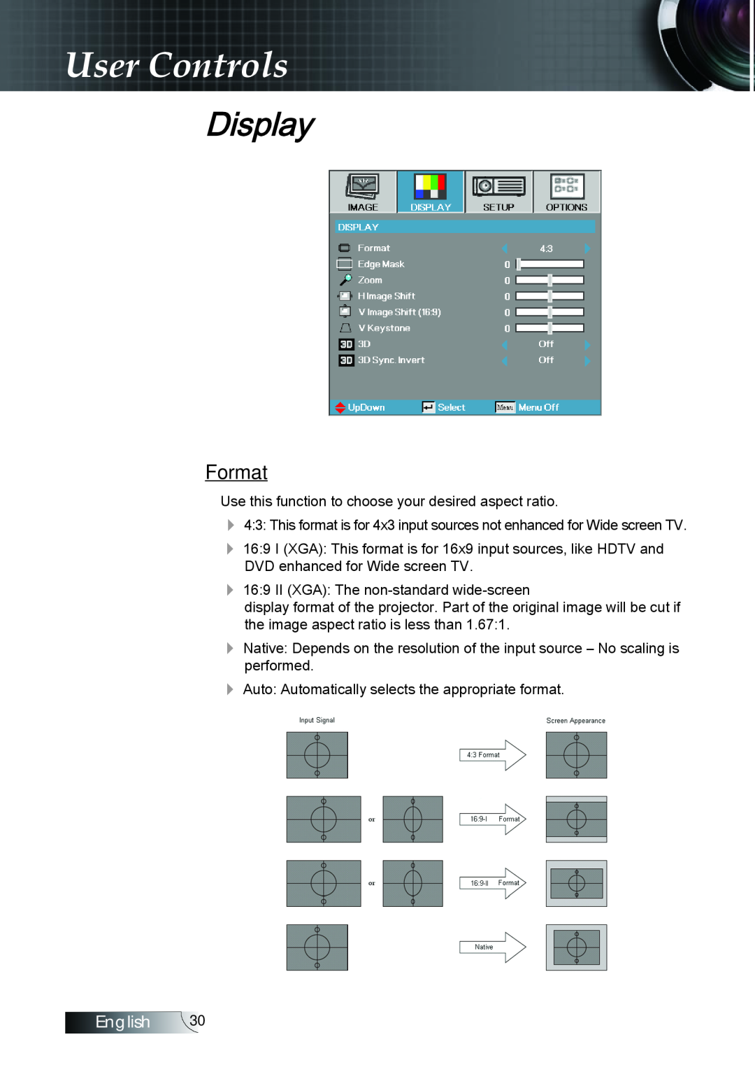 Optoma Technology TX779P3D manual Display, Format, User Controls, English 