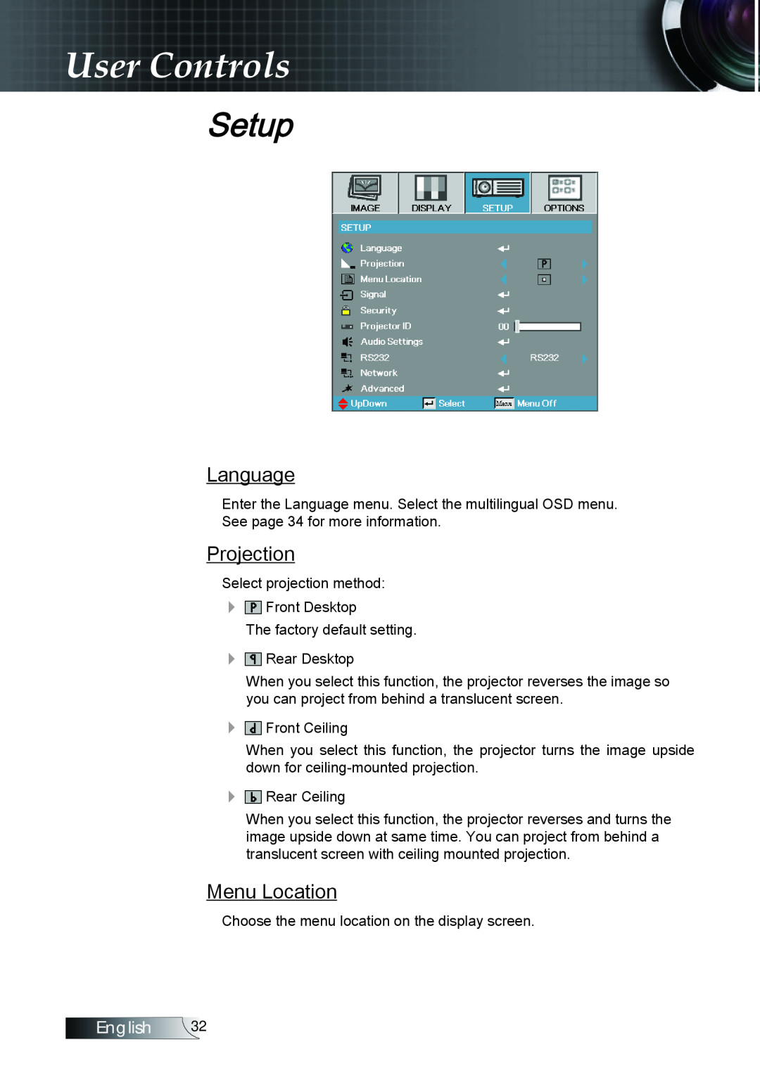 Optoma Technology TX779P3D manual Setup, Language, Projection, Menu Location, User Controls, English 