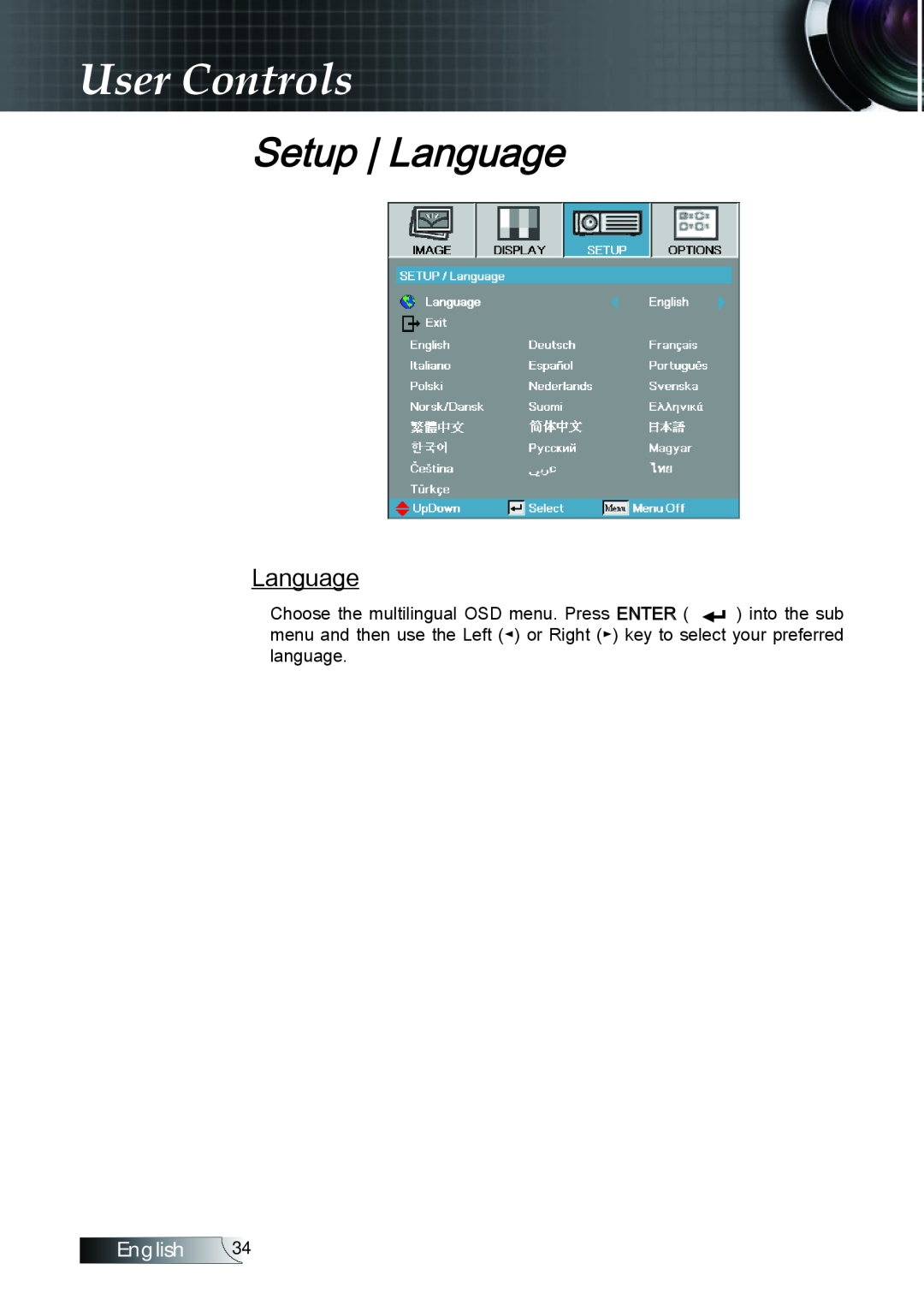 Optoma Technology TX779P3D manual Setup Language, User Controls, English 