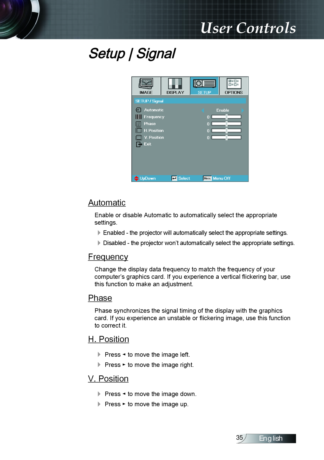 Optoma Technology TX779P3D Setup Signal, Automatic, Frequency, Phase, H. Position, V. Position, User Controls, English 