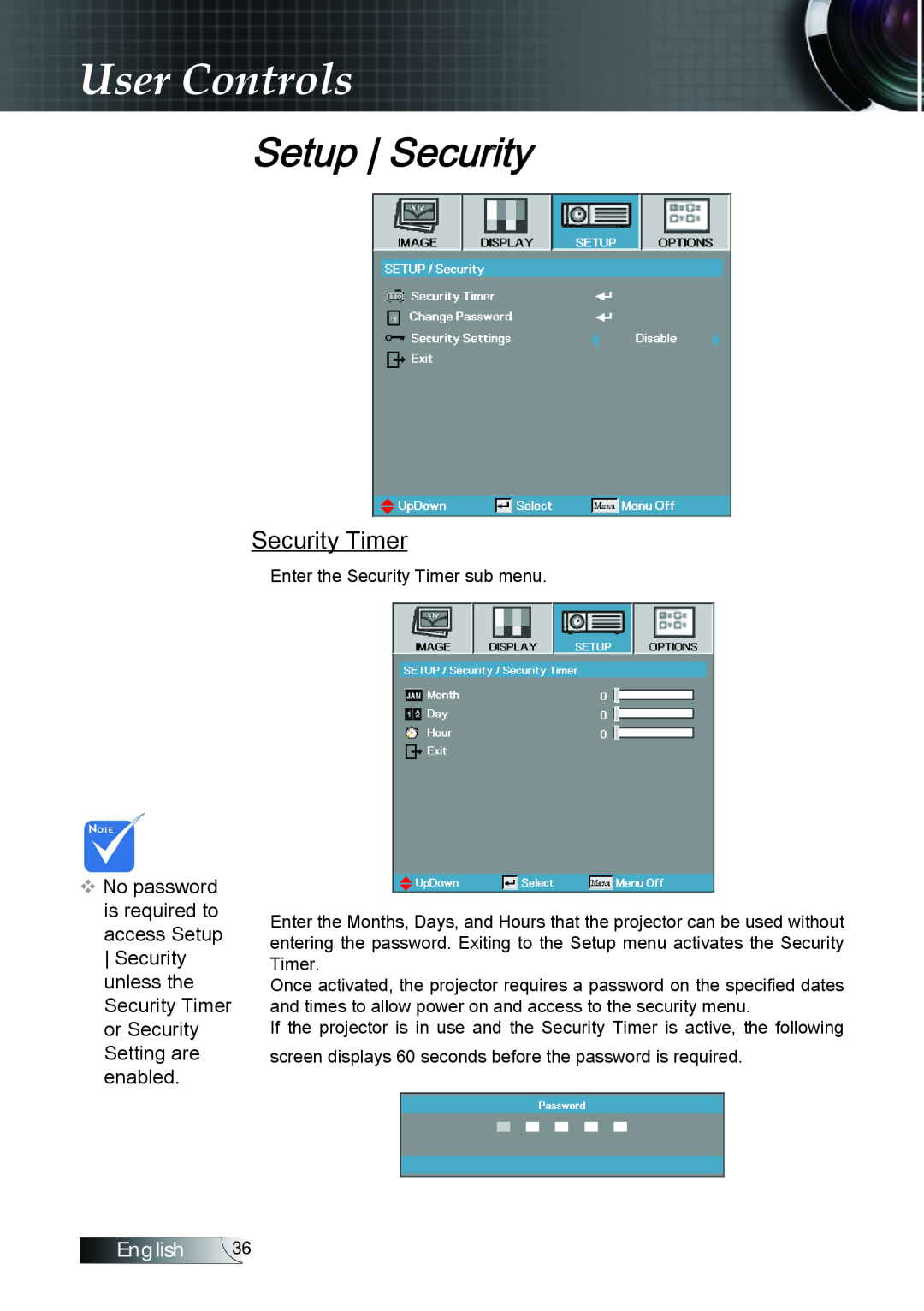 Optoma Technology TX779P3D manual Setup Security, Security Timer, User Controls, English 