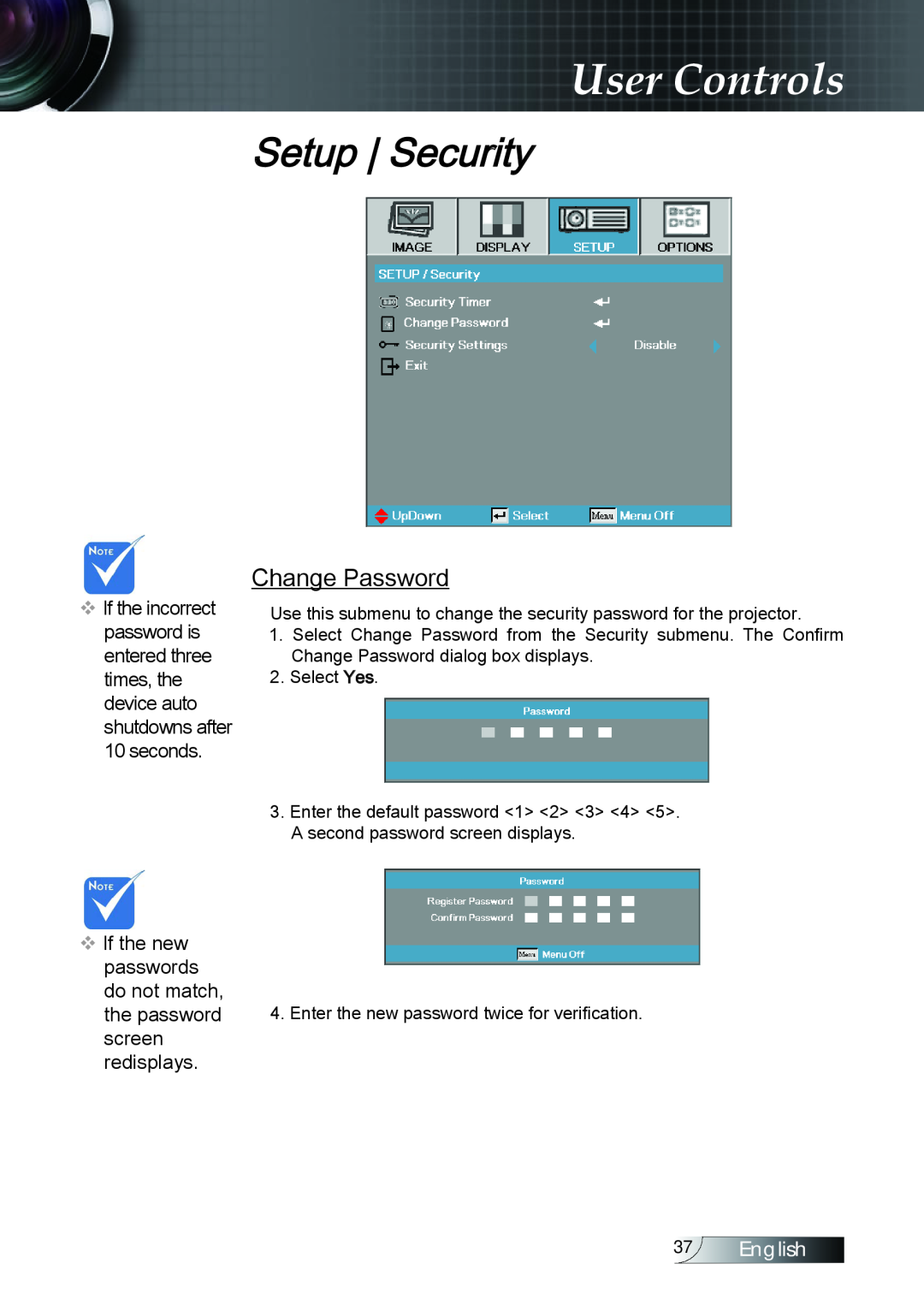 Optoma Technology TX779P3D Change Password, User Controls, Setup Security, v If the new passwords do not match, redisplays 