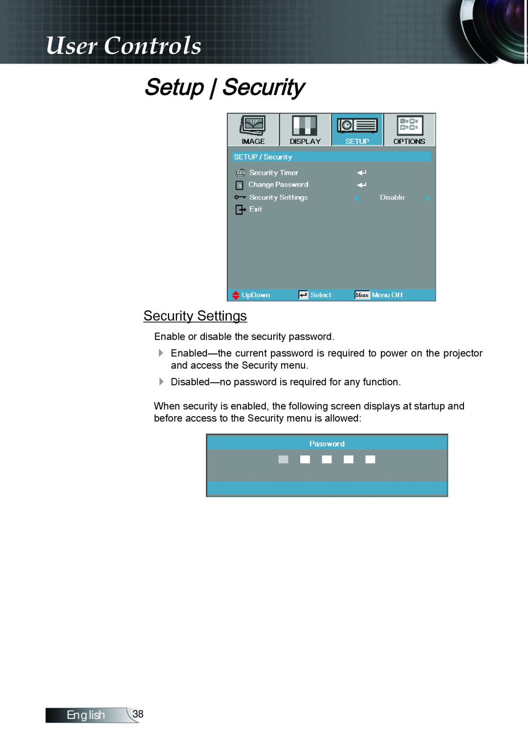 Optoma Technology TX779P3D manual Security Settings, User Controls, Setup Security, English 