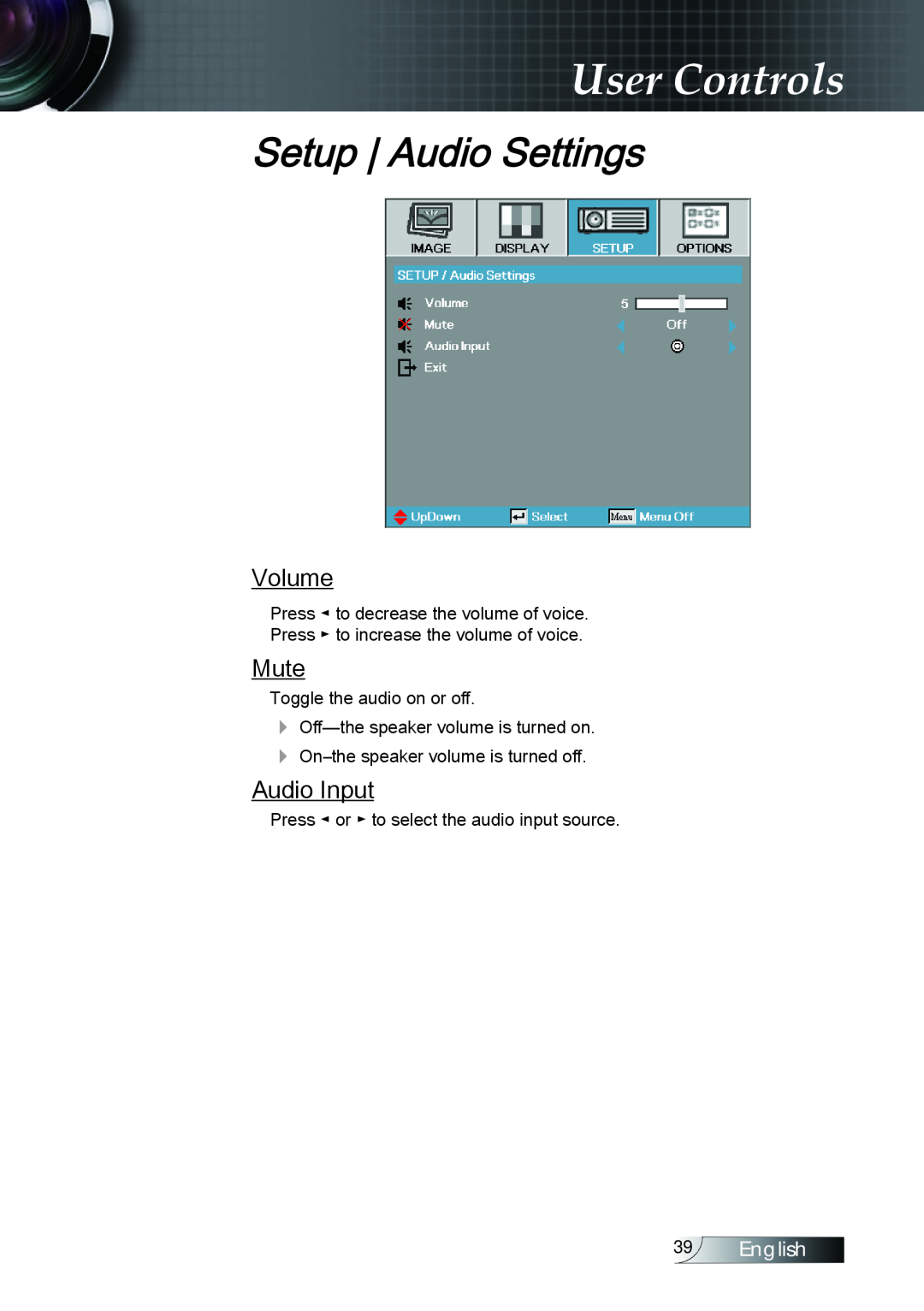 Optoma Technology TX779P3D manual Setup Audio Settings, Volume, Mute, Audio Input, User Controls, English 