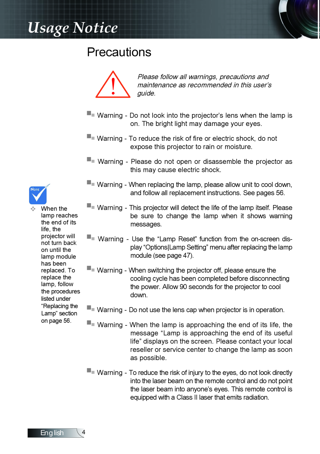 Optoma Technology TX779P3D manual Precautions, Usage Notice, English  