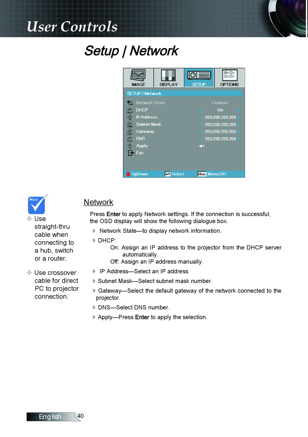 Optoma Technology TX779P3D manual Setup Network, User Controls, English 