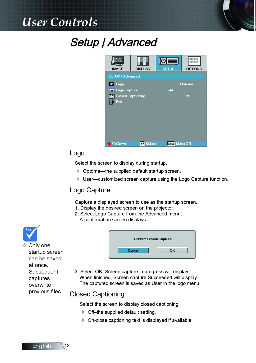 Optoma Technology TX779P3D manual Setup Advanced, Logo Capture, Closed Captioning, User Controls, English 