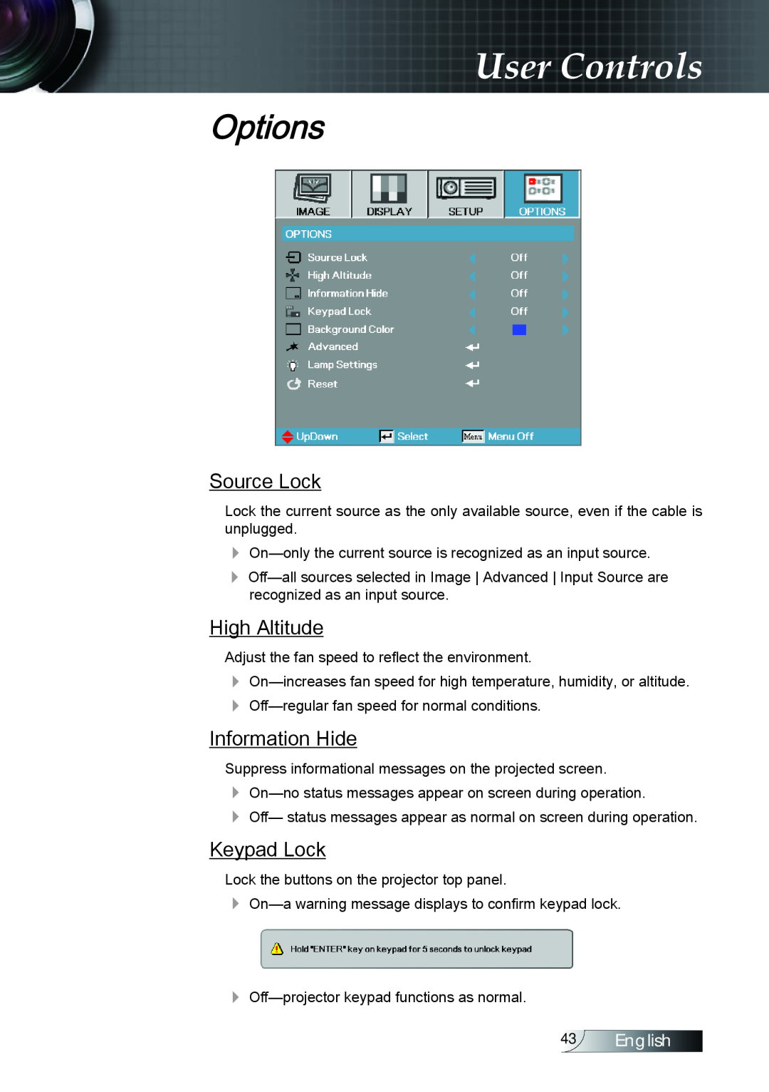 Optoma Technology TX779P3D Options, Source Lock, High Altitude, Information Hide, Keypad Lock, User Controls, English 