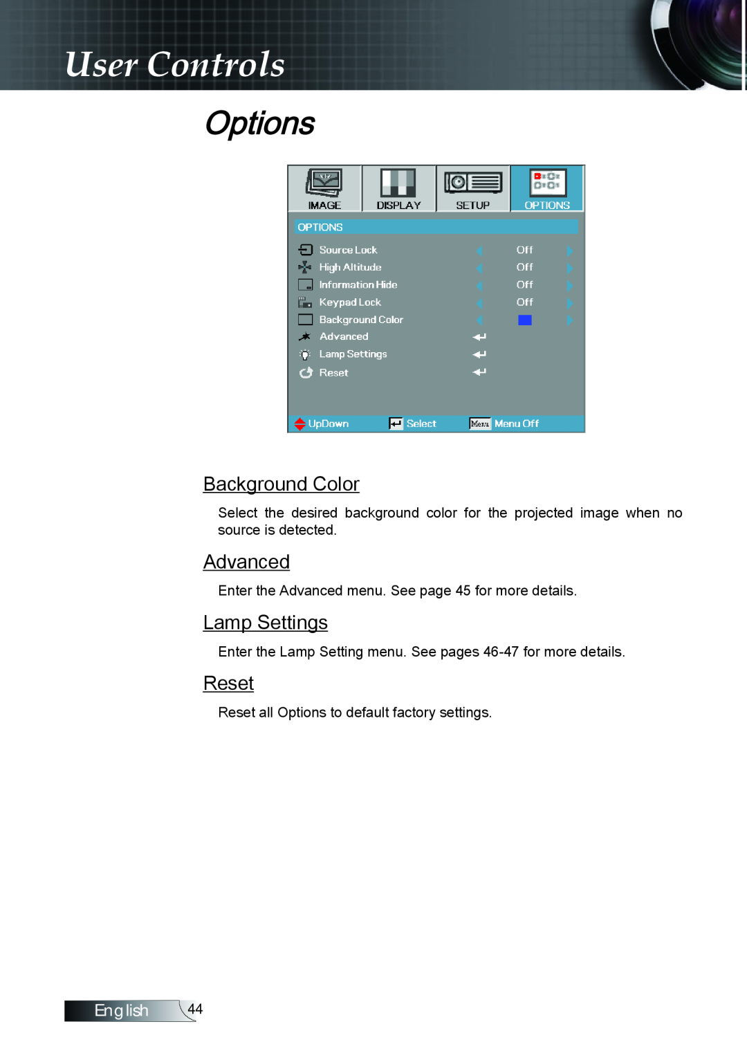 Optoma Technology TX779P3D manual Background Color, Lamp Settings, User Controls, Options, Advanced, Reset, English 