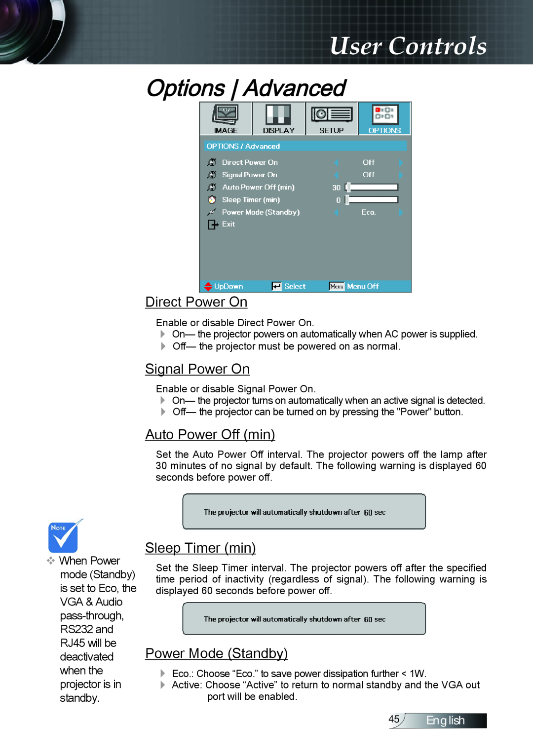 Optoma Technology TX779P3D manual Options Advanced, Direct Power On, Signal Power On, Auto Power Off min, Sleep Timer min 