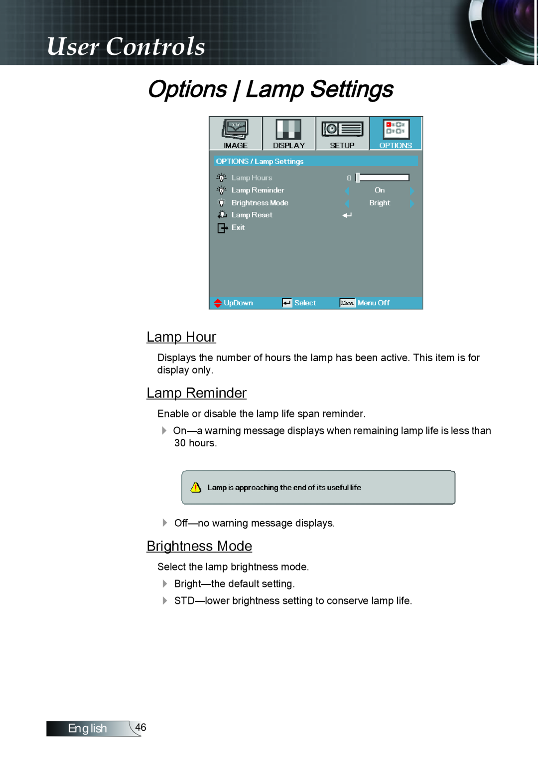 Optoma Technology TX779P3D manual Options Lamp Settings, Lamp Hour, Lamp Reminder, Brightness Mode, User Controls, English 