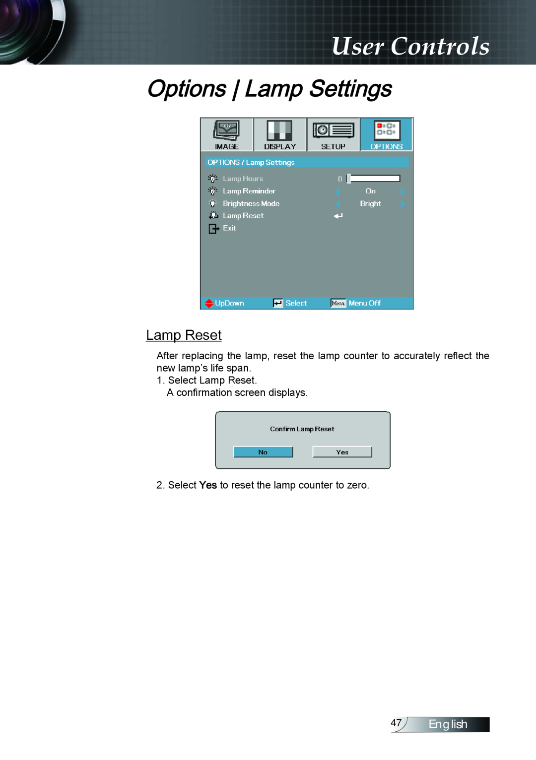 Optoma Technology TX779P3D manual Lamp Reset, User Controls, Options Lamp Settings, English 