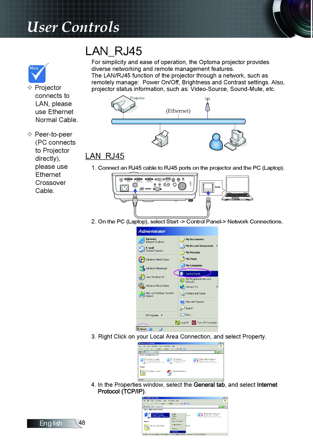 Optoma Technology TX779P3D manual LANRJ45, User Controls, English 