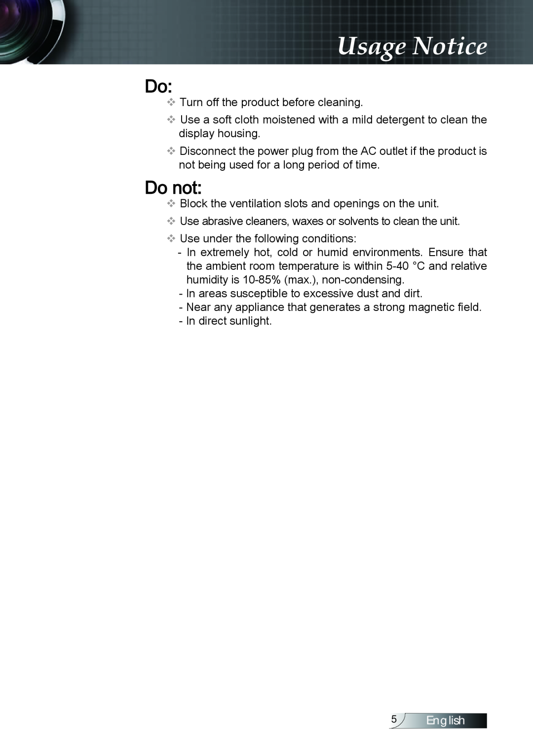 Optoma Technology TX779P3D manual Usage Notice, Do not,  English 