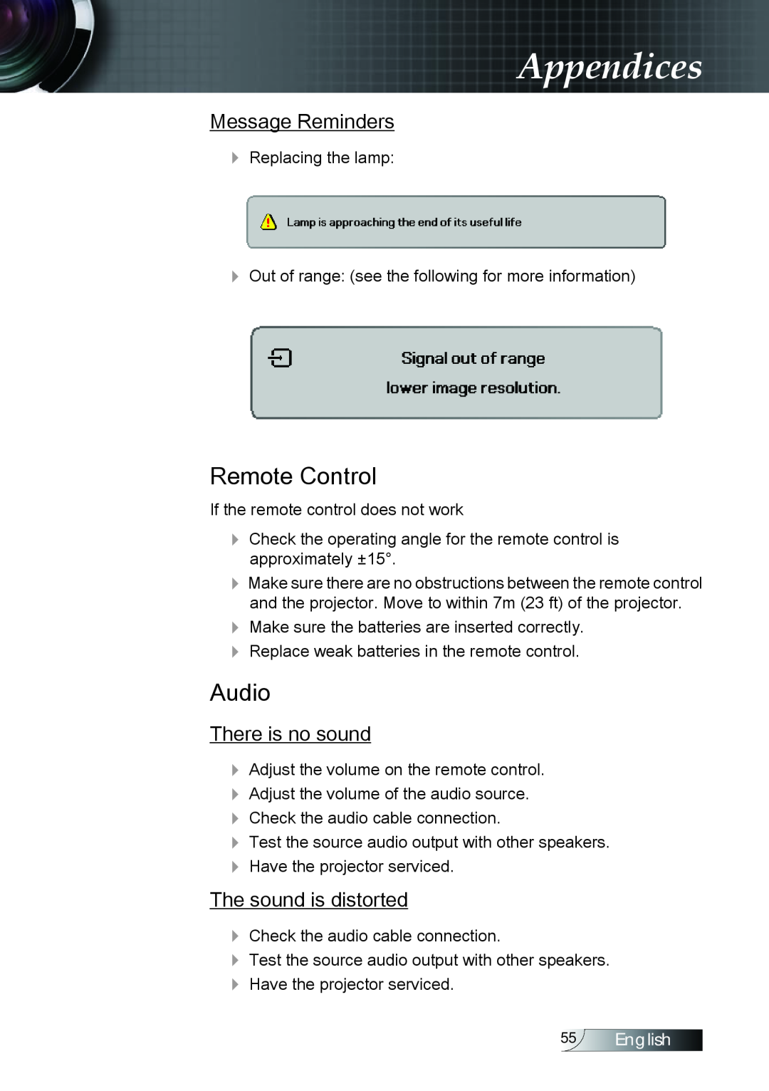 Optoma Technology TX779P3D Audio, Message Reminders, There is no sound, The sound is distorted, Appendices, Remote Control 