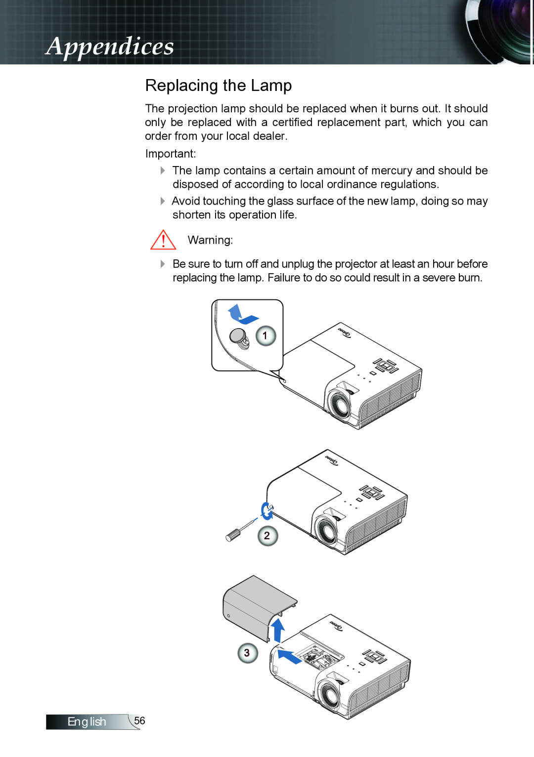 Optoma Technology TX779P3D manual Replacing the Lamp, Appendices, English 