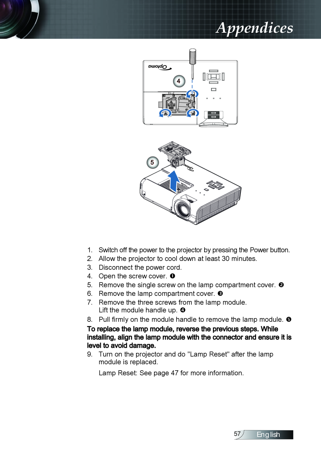 Optoma Technology TX779P3D manual Appendices, Switch off the power to the projector by pressing the Power button, English 