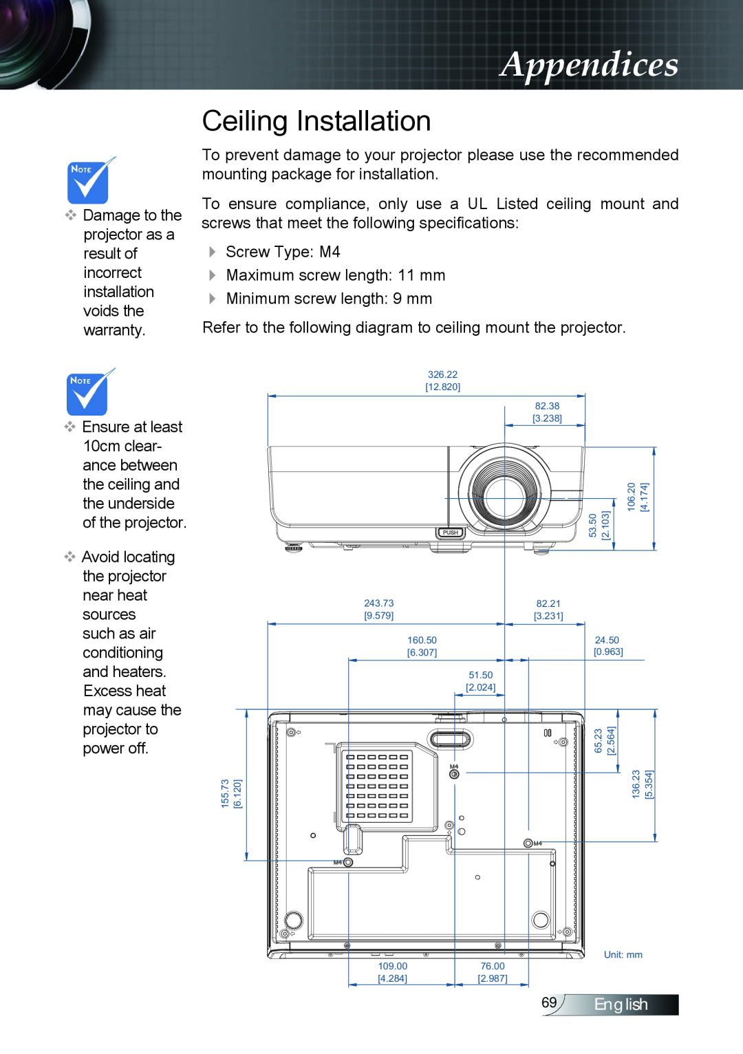 Optoma Technology TX779P3D manual Ceiling Installation, Appendices, English 