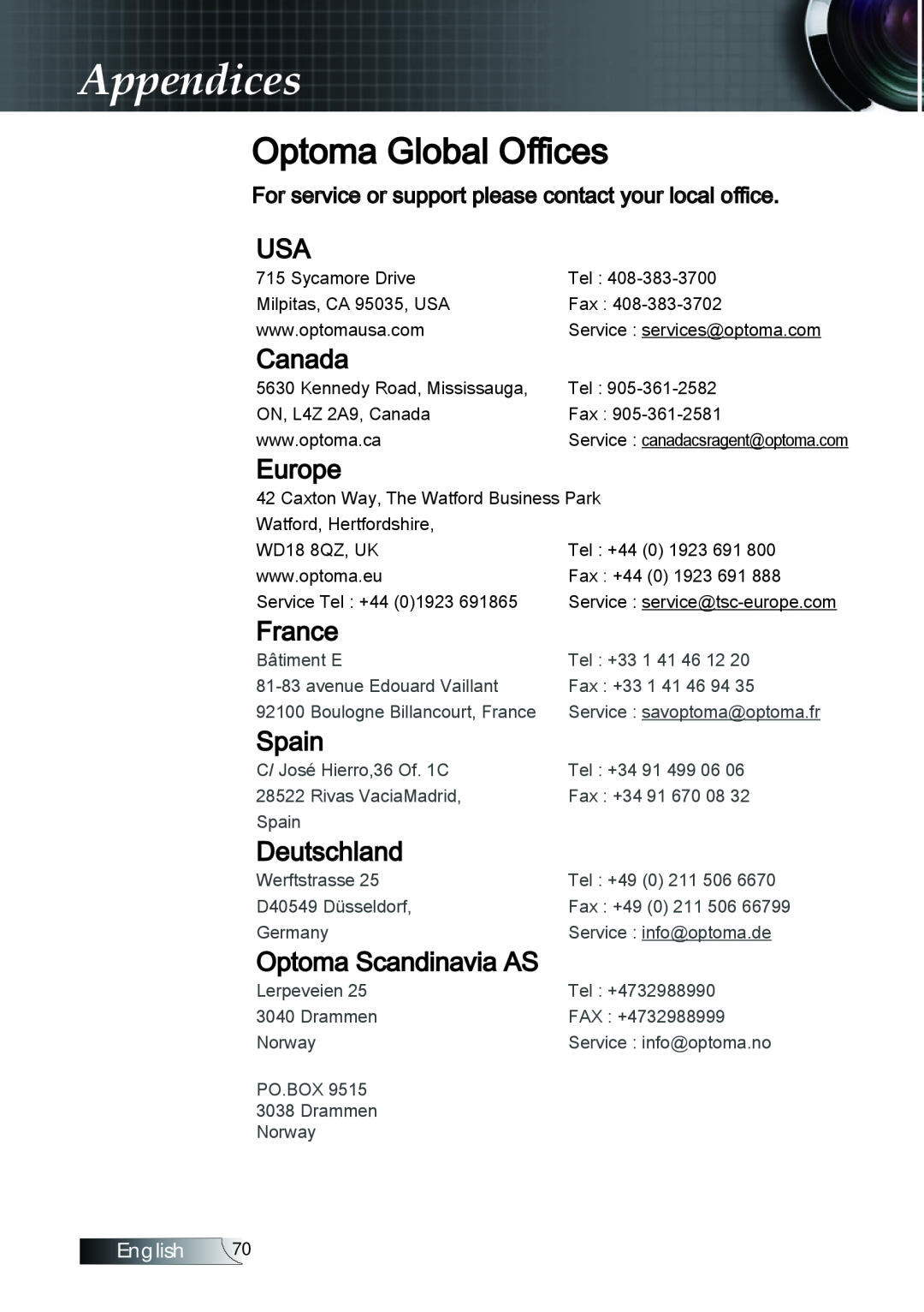 Optoma Technology TX779P3D manual Optoma Global Offices, Canada, Europe, France, Spain, Deutschland, Optoma Scandinavia AS 