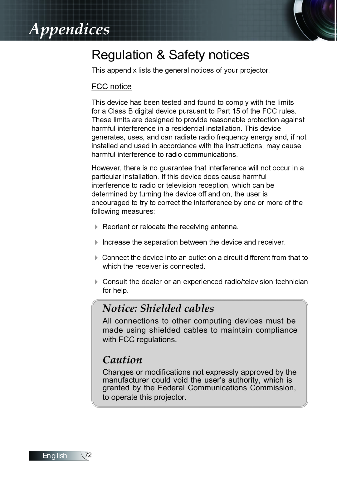 Optoma Technology TX779P3D manual Regulation & Safety notices, Appendices, FCC notice, English 