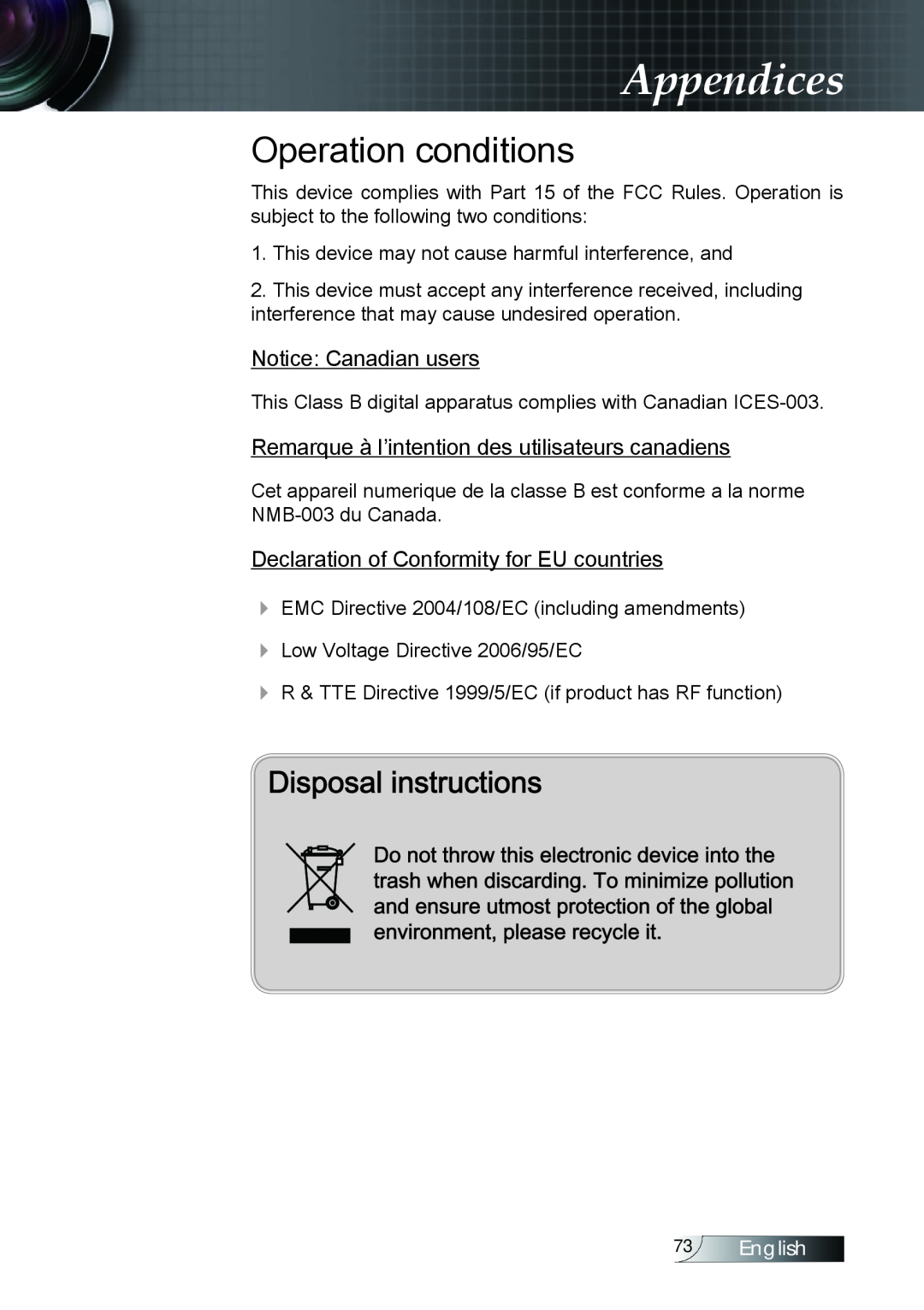 Optoma Technology TX779P3D manual Operation conditions, Appendices, Notice Canadian users, English 