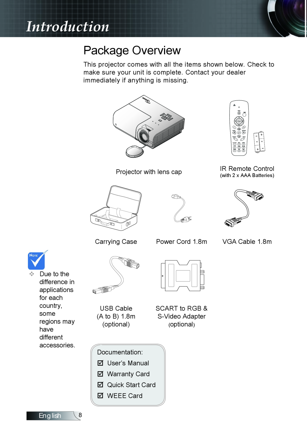 Optoma Technology TX779P3D manual Package Overview, Introduction, English  
