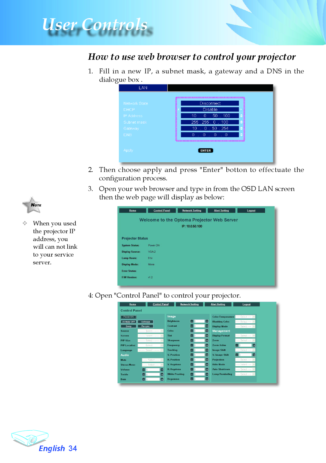 Optoma Technology TX780 appendix How to use web browser to control your projector 