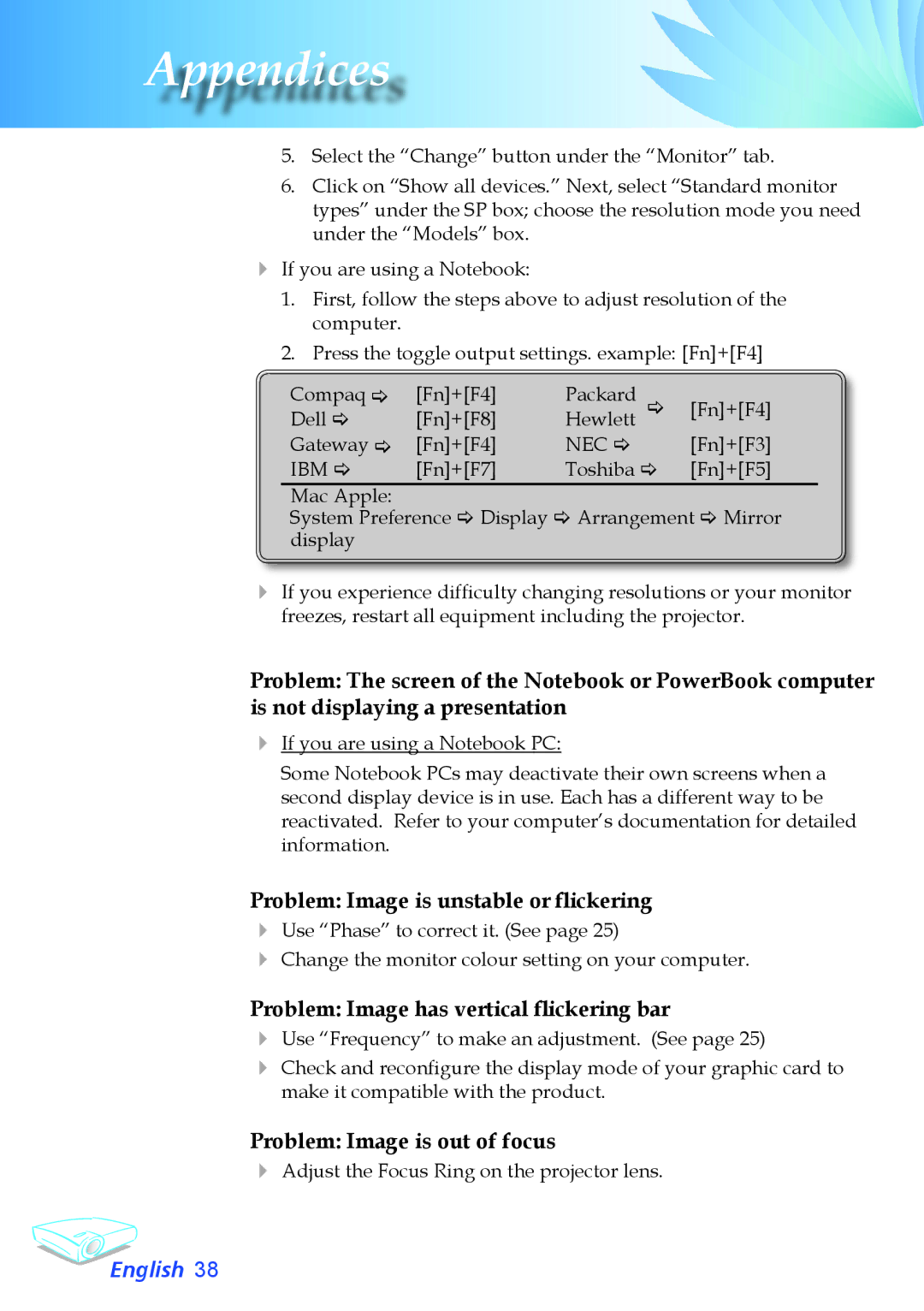 Optoma Technology TX780 appendix Problem Image is unstable or flickering, Problem Image has vertical flickering bar 