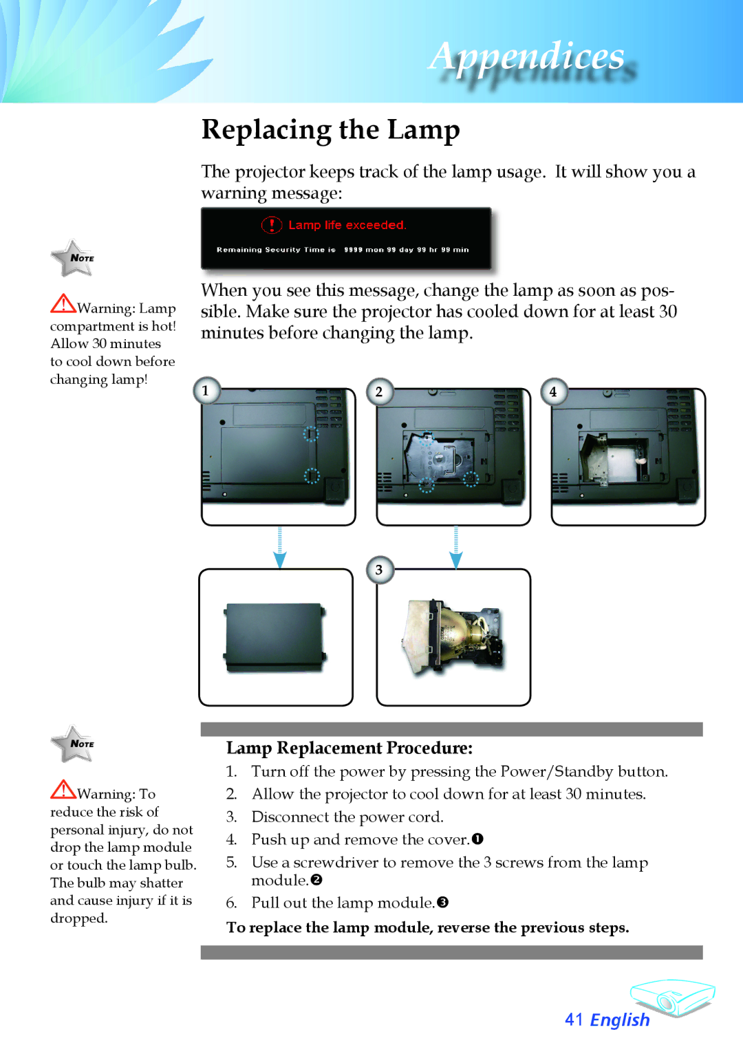 Optoma Technology TX780 appendix Replacing the Lamp, Lamp Replacement Procedure 