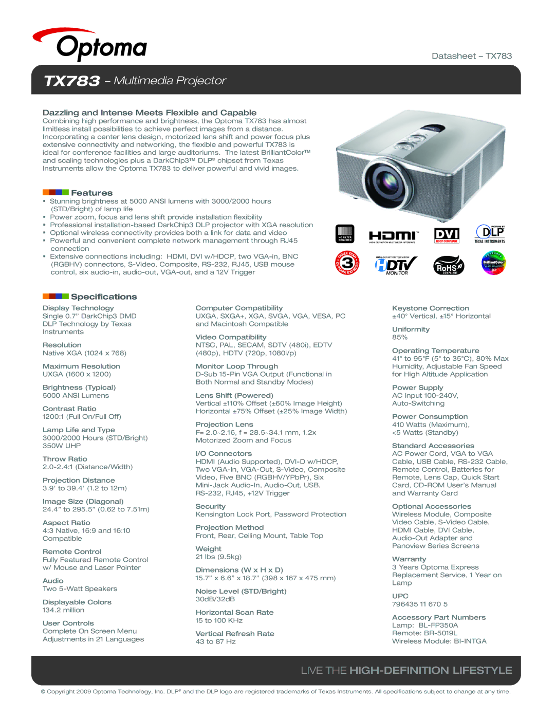 Optoma Technology specifications TX783 − Multimedia Projector, Live the HIGH-DEFINITION Lifestyle, Datasheet TX783 