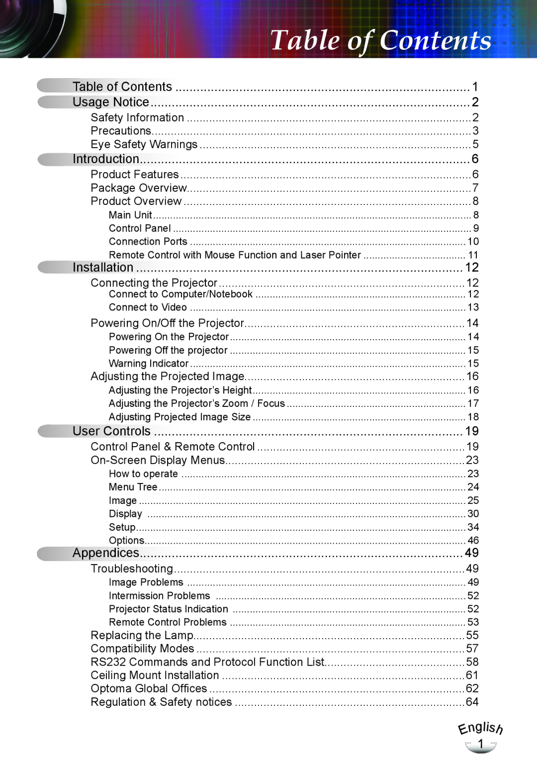 Optoma Technology EP783, TX783RFBA manual Table of Contents 