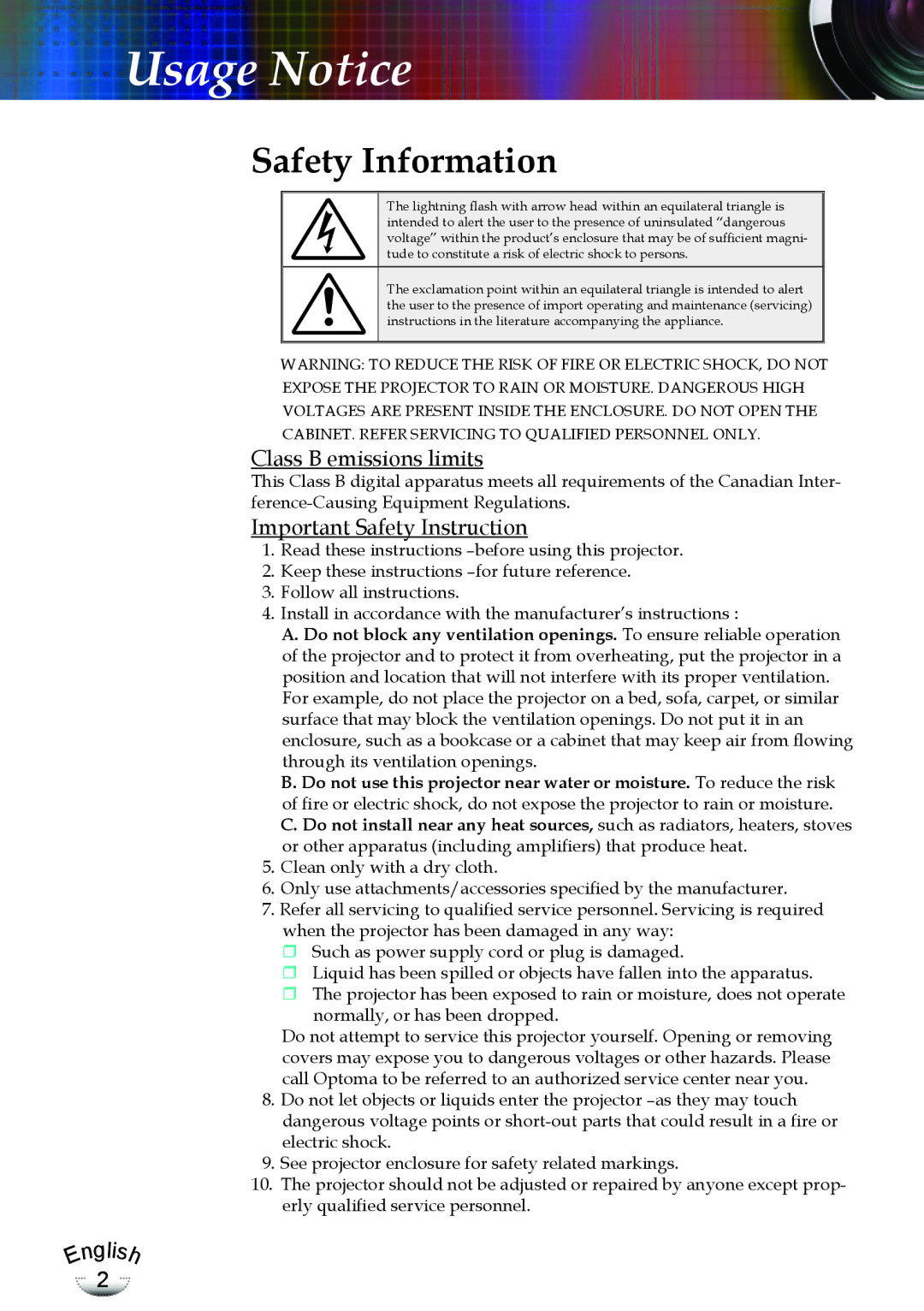 Optoma Technology TX783RFBA, EP783 manual Usage Notice, Safety Information 