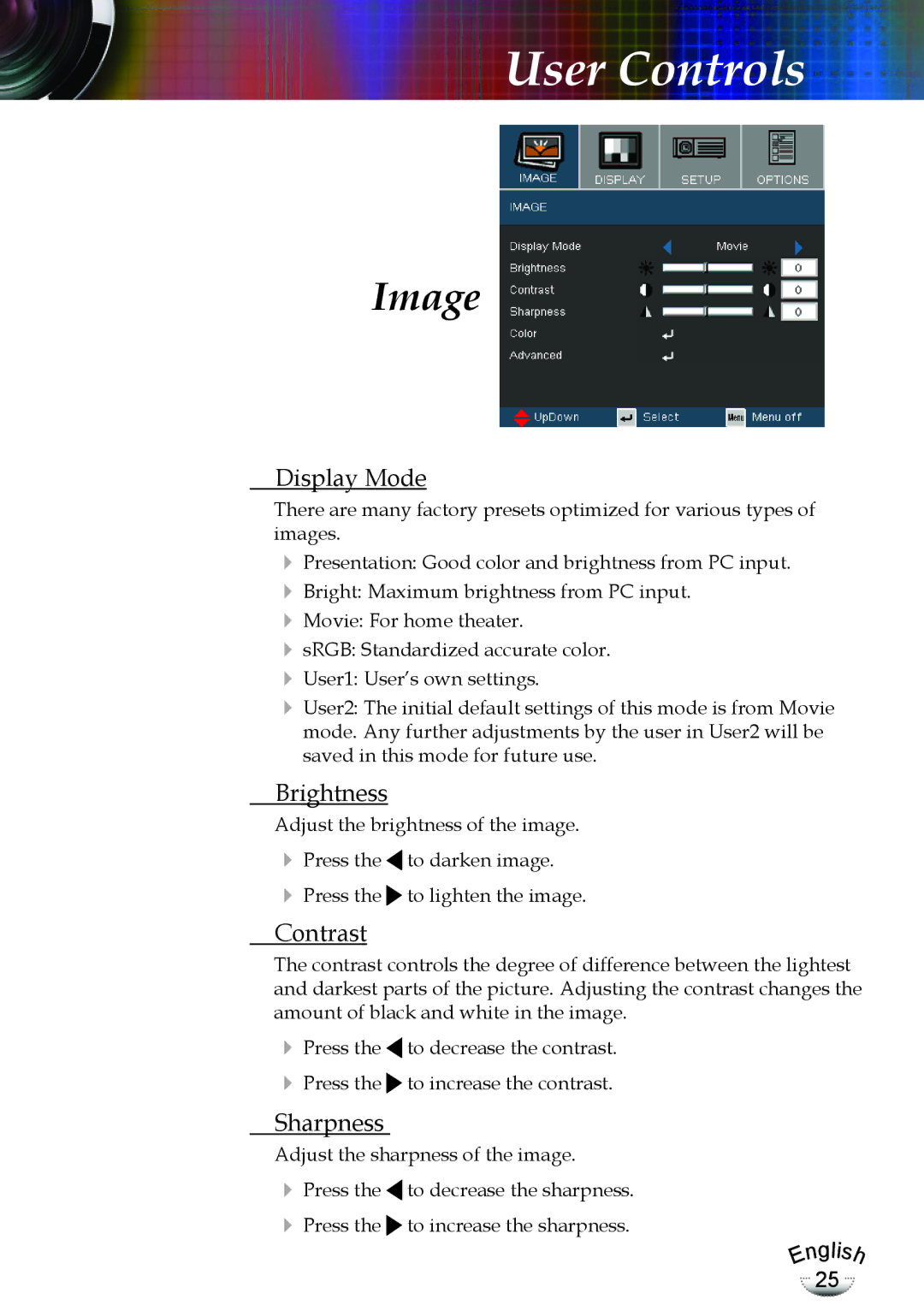 Optoma Technology EP783, TX783RFBA manual Image, Display Mode, Brightness, Contrast, Sharpness 