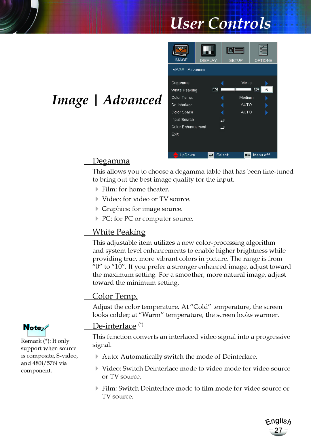 Optoma Technology EP783, TX783RFBA manual Image Advanced, Degamma, White Peaking, Color Temp, De-interlace 